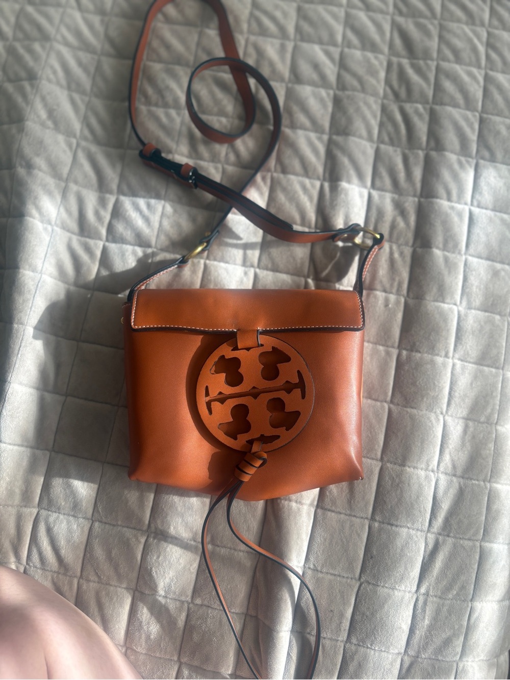 Tory Burch Cognac Leather Crossbody with Logo Medallion